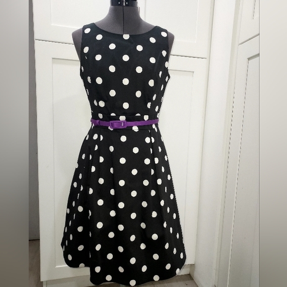 White House Black Market Dresses & Skirts - Polka Dot Black Dress with Purple Belt